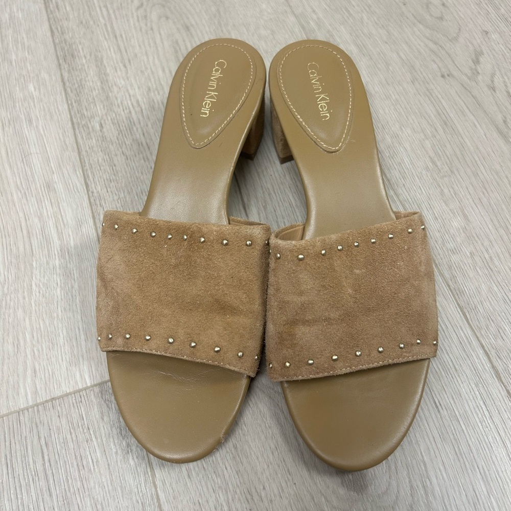 Calvin Klein Suede Tan Stud Mules